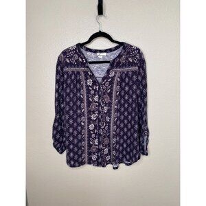 Style & Co Womens Floral Button-Front Blouse XL Purple White 3/4 Sleeve Cotton
